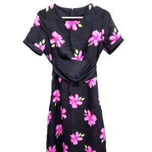 Handmade Dress Black Pink Floral Sheer 36"B 28"W Stretchy Mennonite